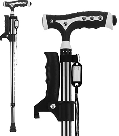 Hold 440 Lbs Walking Cane for Men & Women Aluminum Alloy Lightweight Height Adjustable Walking Stick Heavy Duty Foldbale Free Standing Cane with LED for Seniors Adults Black