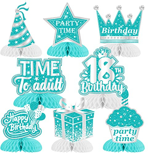 Dekoration zum 18. Geburtstag für Mädchen, Blaugrün, 8 Stück 18. Geburtstag, Wabenaufsätze, Happy 18. Geburtstag, Tischdekoration für Mädchen, Achtzehn Jahre, Party-Tischdekorationen