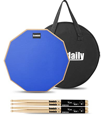 GrowDaily Drum Practice Pad for drumming drum pad and sticks 12 In,Sided With 2 Pairs/4 Maple 5A Drum Sticks & Storage Bag (Blue)