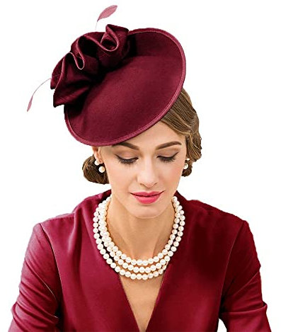 Fascinator im Vintage-Stil, Fascinator, Pferderennen, Festival, Hüte, für Damen, Hochzeit, elegant, Kirche, Wollfilz, Floppy Fedora, Weinrot 1, Medium