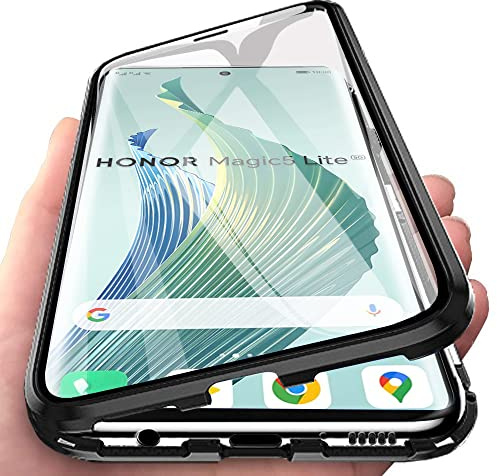 Orgsty Funda para Honor Magic 5 Lite / X9a, Absorción Magnética Cubierta Vidrio Frontal y Posterior Case Marco Metal Súper Delgada Protección de 360 Grados Funda, Negro