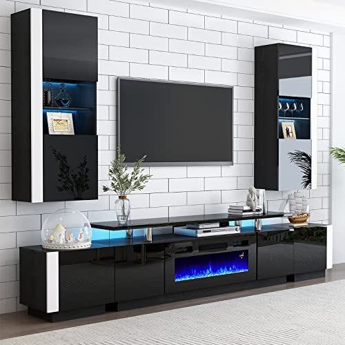 AMERLIFE Wall Unit Entertainment Center with Fireplace and Bookshelves, Includes 70 2-Tier Fireplace TV Stand, 2 x Wall Cabinets & 2 x End Tables, Modern LED Lights TV Console for Living Room, Black