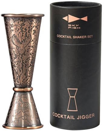 SKY FISH Cocktail Jigger | 3D-Geprägtes Doppel Spiritus-Messgerät | Japanischen Barmaß mit Skala 1oz/2oz | Antik-Kupfer Cocktail Messbecher | Handwäsche.