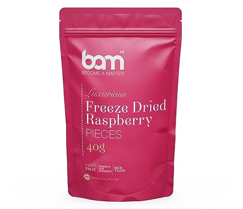 BAM Fruta liofilizada y deshidratada – Snack crujiente – Fresas o frambuesas naturales – Ideal para dulces sin azúcar y bocadillos saludables, sin gluten, 40 g