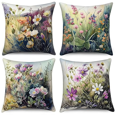 ASDCXZ Kissenbezug Retro Blumen 40x40 cm 4er Set, Ölgemälde Blume Blätter Sofa Kissen Dekokissen Kissenbezüge Kissenhülle Waschbar Polyester Flachs Textil Outdoor Polster Kopfkissenbezug Kissen Bezug