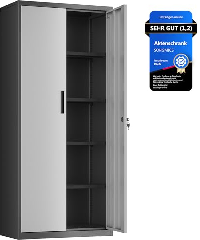 SONGMICS Meuble de Rangement Bureau, en Acier, Placard, 5 Niveaux, 40 x 80 x 180 cm, Doubles Portes, Serrure, Armoire à Outils, Étagères Réglables, pour Garage, Bureau, Argent et Gris Mat OMC015S01