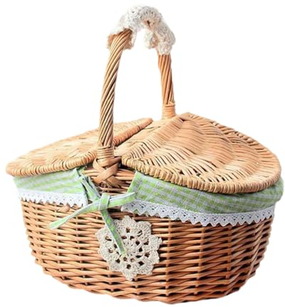 JISADER Weiden-Picknickkorb, Rattan-Aufbewahrungs-Servierkorb mit Deckel und Griff, dekorativer geflochtener Weidenkorb für Hochzeit, Camping, Grün, klein