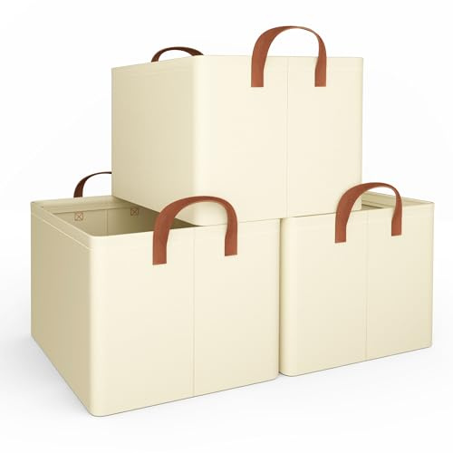 iEGrow Aufbewahrungsbox, 3er Set, faltbare Stoffbox mit Griffen, Aufbewahrung für Kleidung, 41 x 32 x 23 cm, Oxford, geeignet für Wohnzimmer, Schlafzimmer, Aufbewahrung von Badartikeln (Beige)
