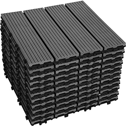 Jiubiaz WPC - Piastrelle per terrazze, effetto legno, 30 x 30 cm, 1 m² = 11 piastrelle a clic, per balcone e terrazza, resistente alle intemperie, con funzione di drenaggio, colore: antracite