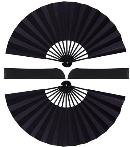 CKCSHI 2 Pcs Folding Hand Fan, Handheld Folding Fan, Black Folding Hand Fan for Women Men, Chinese Silk Fabric Handheld Fan for Dancing Cosplay Wedding Party Birthday Gifts