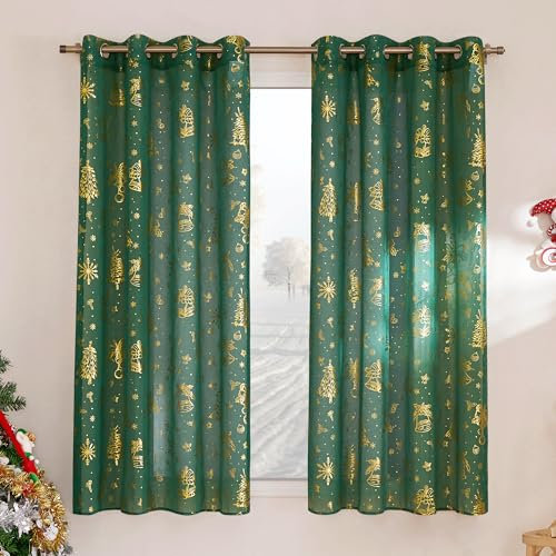 PONY DANCE Tende Natalizie per Finestre Tende Corte da Cucina Trasparenti con Effetto Lino Voile Curtains per Interni con Anelli 2 Pezzi 140x160 CM, Verde Scuro