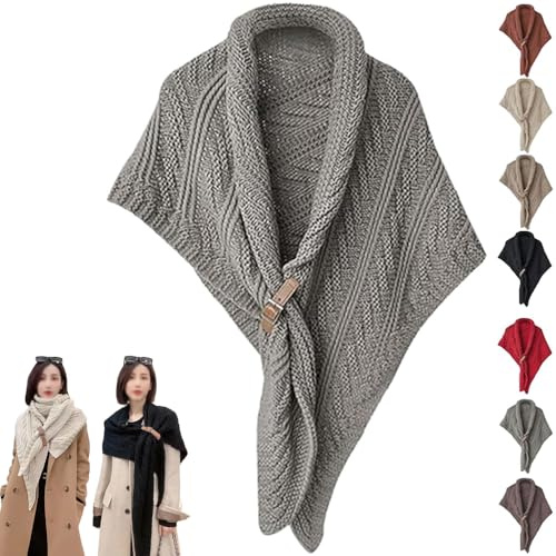 Multifunktionaler Dreieckstuch für Damen, gestrickter Dreieckstuch mit Lederschnalle, modisch, warm, gemütlich, gestrickt, Schultertuch, Umhang (Einheitsgröße, grau)