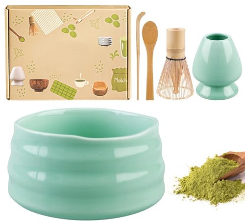Juego de té matcha japonés, 5 unidades, juego de batidores matcha, juego de escoba matcha, juego completo con cuenco de matcha, batidor de té en polvo, cuchara de matcha, soporte para escobas (azul