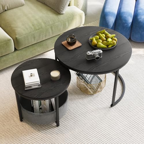 FOUBAM Round Coffee Table,Small Nesting Coffee Tables Living Room Set of 2,Vintage Industrial Style Sofa Bedroom Balcony Metal End Tables with Fabric Storage Bag,Sturdy/Easy Assembly Black