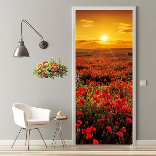 Türfolie Selbstklebend 3D Türaufkleber Sonnenuntergang Mohnblumen Türtapete Selbstklebend Türposter 90X200 cm Türtattoo Poster Tapete Abnehmbar Fototapete für Wohnzimmer Schlafzimmer Küche Bad -MT410