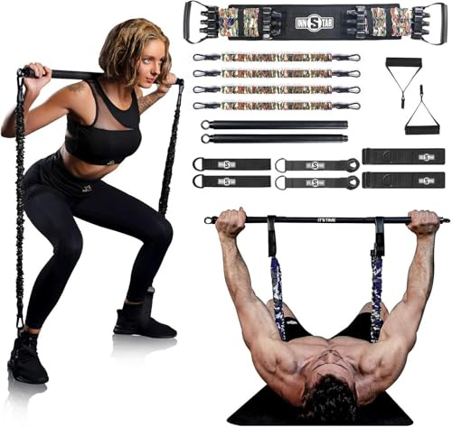 INNSTAR Kit Elastiques de Musculation Réglable pour la Salle de Gym à la Maison, Barre Elastique Musculation avec 4 Bandes de Résistance, Portable Home Gym 3.0 Set pour la Salle de Gym à la Maison