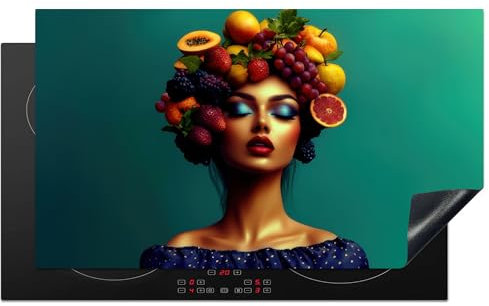 KitchenYeah© Induction Hob Protector Mat 20.5x35.4 / 90x52 cm Cooker Top Protectors Cover Ceramic Covers Electric Hobs Vinyl Woman - Headdress - Tropical - Fruit - Grapes