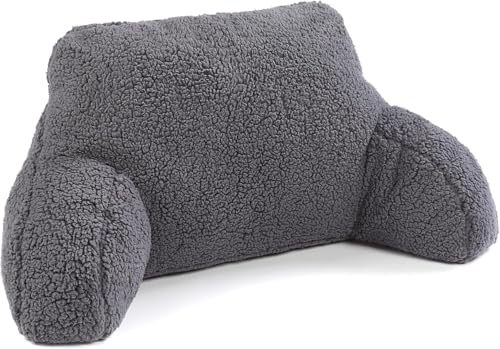 Downland Huggleland Reading Pillow with Arms - Soft Teddy Fleece Cuddle Cushion for Adults, Backrest Support Pillow for Bed, Chair & Armchair Reading Cushion (Charcoal) - 45H x 39D x 89W cm