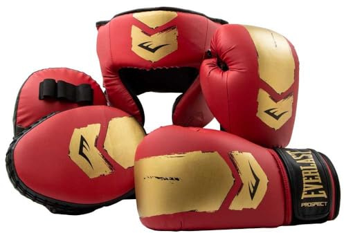 Everlast Prospect 2 Kit d'Entraînement Enfant (Rouge/Or) 8oz Gants de Boxe, Pattes d'ours et Casque de Boxe Junior, Equipement MMA, Arts Martiaux et Kickboxing - Equipement Everlast Authentique