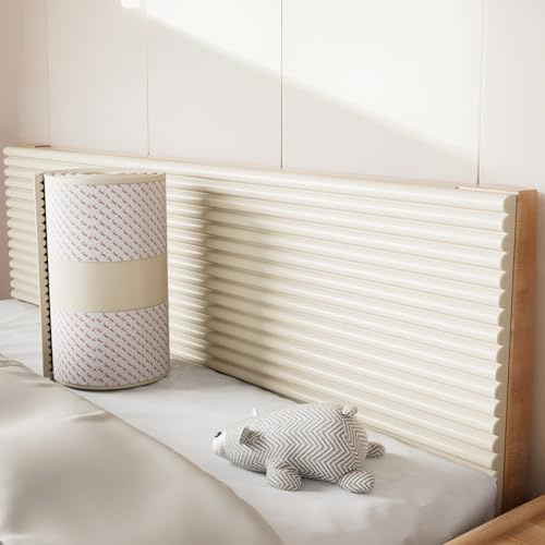 WMYYLX Anti Collision Wall Padding, 2M Padded Wall Panels, 3D Upholstered Wall Panels Self Adhesive, 1.2 CM Thick Wall Cushion Padded for Bedroom, Living Room (Cream, 20X200 CM)