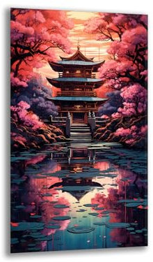 Generico Impression sur toile paysage japonais cerisiers, art oriental romantique, tableau pagode et fleurs, salon chambre à coucher, nature et printemps, cadeau rêveur, décoration murale.