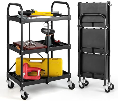 FANTASK Chariot Pliable sur roulettes avec 3 étagères spacieuses, Chariot d'atelier