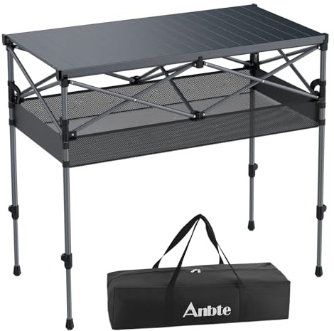 Anbte 34.2” Tall Camping Table Foldable, 2 Adjustable Height Large Roll Up Camping Table Support 264lbs with Storage Basket and Bag, Waterproof, for Travel BBQ Outdoor Patio, 39.4” x 19.7”, Black