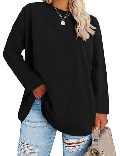 Fisoew Grandes Tailles T-Shirt à Manches Longues pour Femme surdimensionné Grande Taille T-Shirts col Rond Pull Basique Tunique Hauts Hauts, Noir, 4XL Grande Taille
