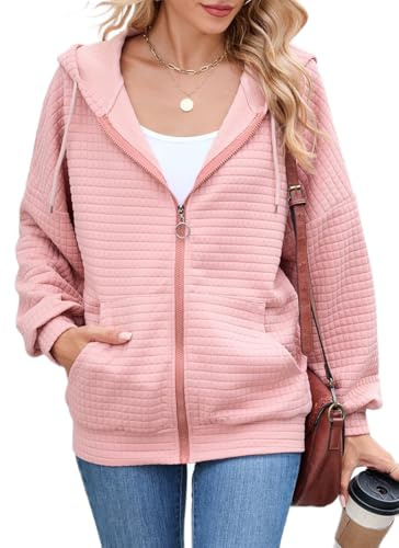 YINGKE Donna Zip Up Felpa con Cappuccio Maglietta Oversized Autunno Abiti di Moda Casual Waffle Cappuccio Giacche Cardigan(S,Rosa)