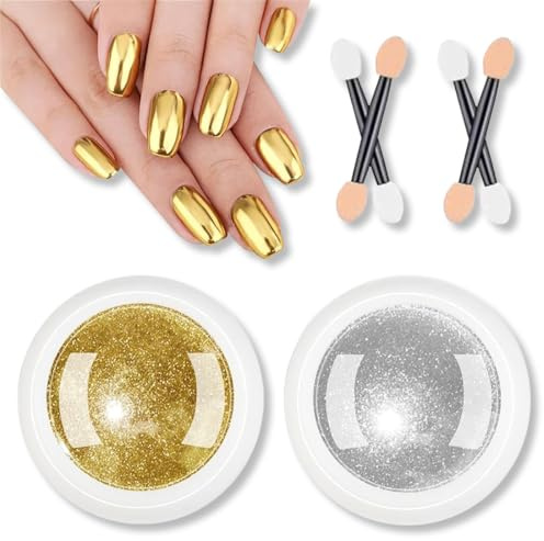 LONZIKP 2 Jar Chrome Nail Powder, Metallic Mirror Effect Glitter Nail Powder for Nail Design (0.6/Jar) (Gold Silber)