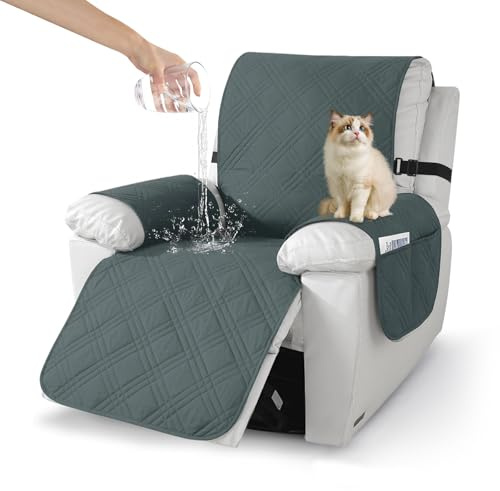 Bocguy Sesselschoner, Sesselbezug Wasserdicht, Sessel Überzug mit Seitentaschen, Sesselhusse Armlehnenschoner, rutschfest Sesselauflage für Relaxsessel und Fernsehsessel Maschinenwaschbar(Dunkelgrau)