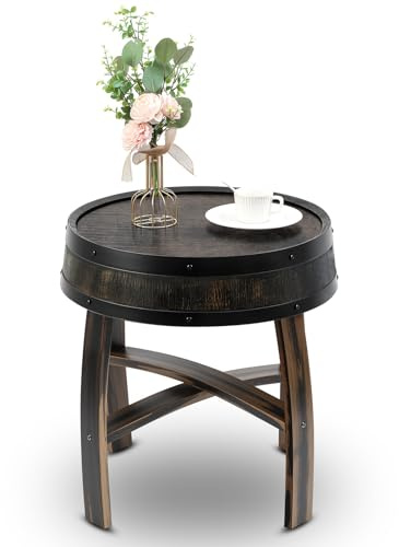 Cinnvoice Whiskey Barrel End Table, Rustic Farmhouse Round Coffee Side Table, 22.2 Inch Handcrafted Oak Wine Barrel Decor – Unique Father's Gift for Dad(Black)