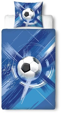 MTOnlinehandel Football Bed Linen 135 x 200 cm, Children's Bed Linen 80 x 80 cm + 135 x 200 cm, Blue Boys Bed Linen – Oeko-Tex Teenager Bed Linen Made of Microfibre, Gift Idea for Children