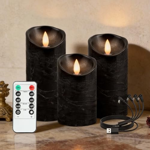 RanBluu 3er Set LED Kerzen mit Timer, elektrische LED Säulenkerzen | flackernde Echtwachs betriebene Kerzen Wiederaufladbar für Camping, Hochzeiten, Home Deco (Schwarz, 10cm&12,5cm&15 cm Höhe)