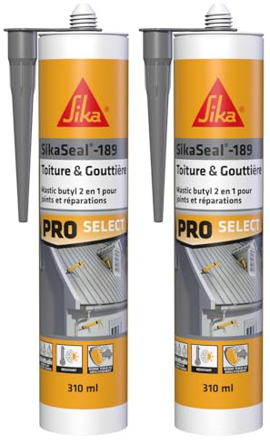 SIKA - Mastic et colle butyle 2 en 1 - SikaSeal-189 Toiture & Gouttière gris - Joints et réparations en couverture et vitrerie - Extérieur - 310 ml (Lot de 2)