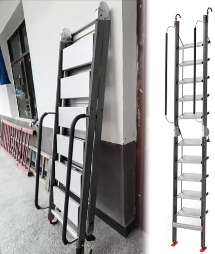 Escalera Escamoteable Escalera Plegable de Pared con Pasamanos, Escalera Telescópica de Aluminio Ajustable y Antideslizante, Escalera de Seguridad para Áticos y Garajes(9 Step-275cm (9ft))