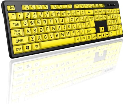 Dioche Dator HWired Tangentbord - Gult Tangentbord med Stora Tecken för äldre, Hög Kompatibilitet USB Plug-and-Play, Tyst Skrivning, Stänksäkert och Snabb överföring för Visuellt