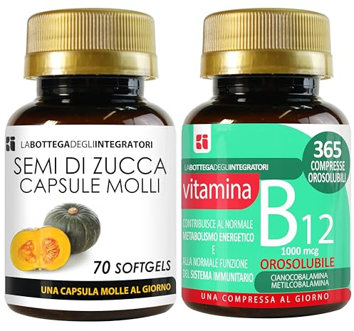 Set Semi di Zucca 70 Softgels e Vitamina B12 365 Compresse Masticabili | Stanchezza Affaticamento Energia | Una al Giorno
