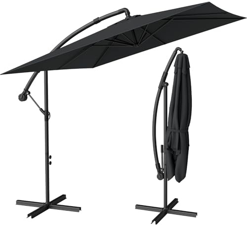 Lointain Sonnenschirm Rechteckig mit Ständer 250 x 250 cm, großer Ampelschirm Ø 350cm mit Kurbel, Aluminium Gartenschirm Marktschirm Terrassenschirm UV-Schutz Windfest 360° drehbar, Dunkelgrau
