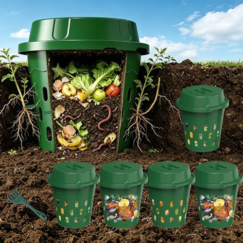 Unterirdischer Wurmkomposter, 6er-Pack 8L Beetkomposter zum Eingraben, für Garten & Hochbeet, kompostiert Küchenabfälle, Einsteiger, Grün (24x24x27,5 cm)