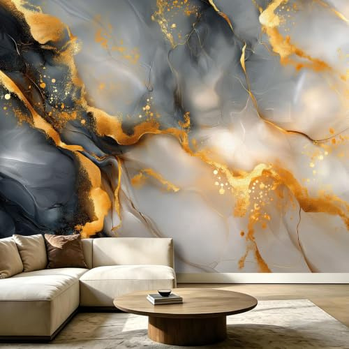 Générique Papier Peint Panoramique 400 x 280 cm Marbre Noir Blanc Or Moderne - Revêtement Mural Décoration pour Mur de Fond TV Salon Appartement - Design Unique et Moderne - Blanc Doré Noir