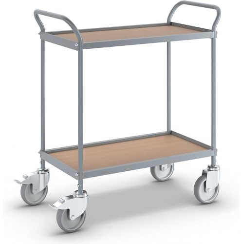 eurokraft | Servierwagen | Etagenhöhe 530 mm | 2 Etagen | mit 4 Lenkrollen | 2 mit Doppelstopp | Rad-Ø 125 mm
