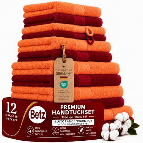Betz Premium Handtuch-Set 12-teilig – 100% Baumwolle – Oeko-TEX® Zertifiziert – hohe Grammatur – Duschtücher, Handtücher, Gästetücher & Waschhandschuhe Farbe blutorange/rubinrot