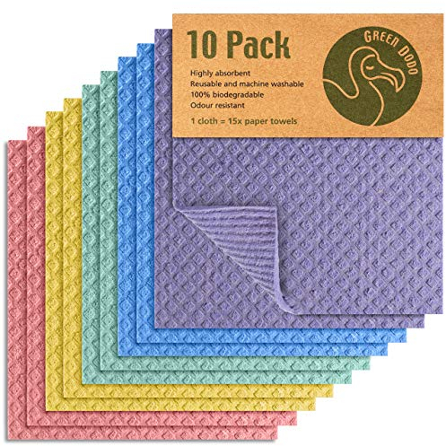 Green Dodo Swedish Dishcloth 10 Pack - Eco Friendly Biodegradable & Sustainable Sponge Kitchen cloth - Absorbent & Odour Free Dish Cloths For Kitchen - Reusable Kitchen Sponge Paper Towel Alternative