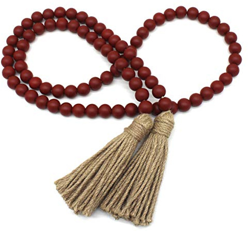 CVHOMEDECO. Wood Beads Garland with Tassels Farmhouse Rustic Wooden Prayer Bead String Wall Hanging Accent for Home Festival Decor. Burgundy