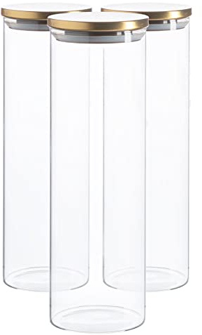 Argon Tableware Scandi Storage Jars with Metallic Gold Lids - 2000ml - 3 Pack - Modern Round Organisation Container Glass Jar for Kitchens, Pantry, Bathrooms, Utility Rooms