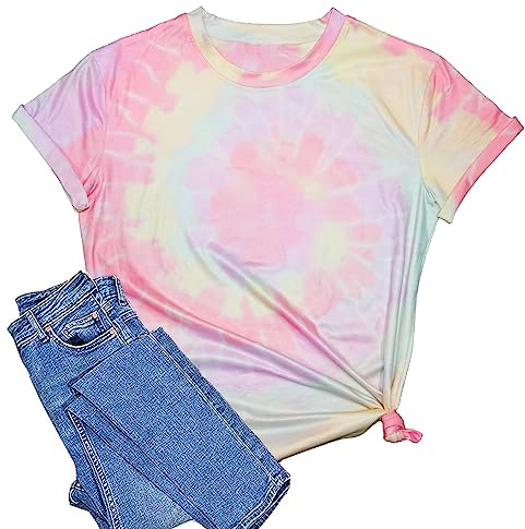 SUWATOIN Batik-T-Shirt für Damen, Sommer, Rundhalsausschnitt, kurzärmelig, lässig, lockere Passform, Mehrfarbig2, L