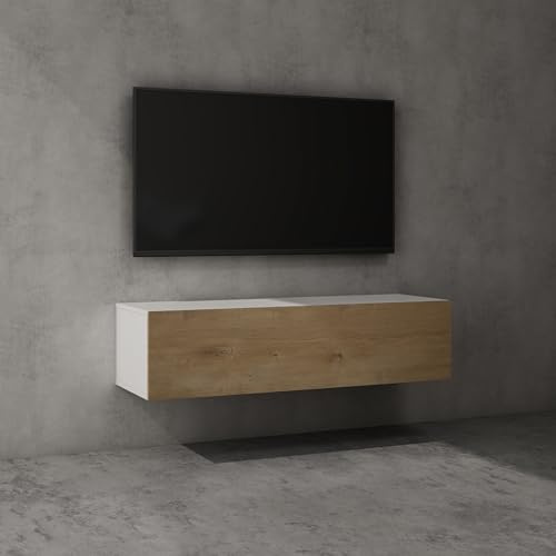 doporro Mobile Porta TV Sospeso 120 cm con 2 Ante Bianco Opaco e Marrone Chiaro, Credenza Bassa da Soggiorno Salotto, Madia Consolle Bicolore per TV Fernsehschrank02