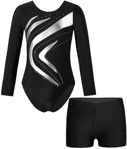 ranrann Enfant Fille Justaucorps Gymnastique Strass et Short Ensemble Danse Gym Costume Spectacle 3-16 Ans Argenté 11-12 ans