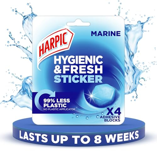 HARPIC HYGIENIC FRESH STICKER Bloc de toilette adhésif, marine, paquets de 4 autocollants, désodorisant WC, sans applicateur en plastique.